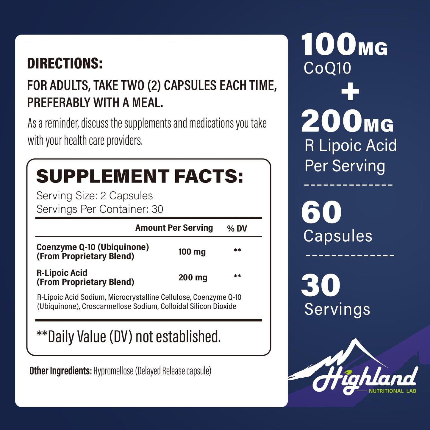 CoQ10 100mg + R-Lipoic Acid 200mg – Highland Nutritional Lab, 180 Capsules