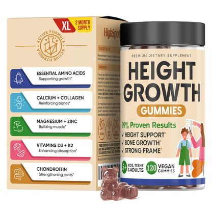 HighSpot Height Growth Gummies – Calcium 100mg, Vitamin K2 D3 25mcg, Magnesium Glycinate, Zinc