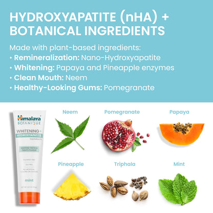 Himalaya Botanique Whitening + Hydroxyapatite Toothpaste, Mint Flavor - Nano Hydroxyapatite to Support Remineralization and Restore Enamel to Strengthen Teeth - Vegan, Gluten Free, 4 oz (Pack of 4)