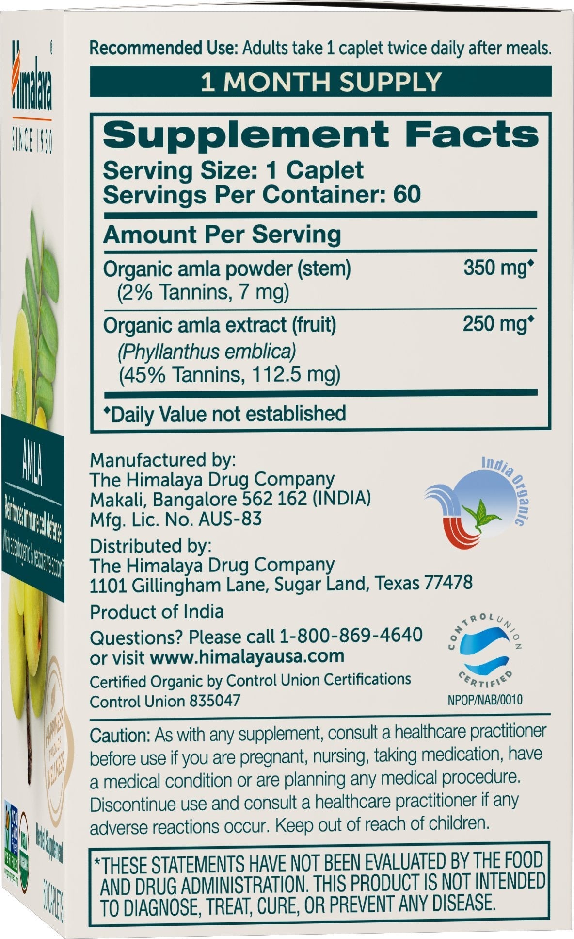 Himalaya Organic Amla - Immune Support, Adaptogen & Antioxidants, 600 mg, 60 Caplets | USDA Organic