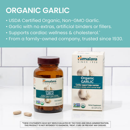 Himalaya Organic Garlic 1,400 mg | Lipid Metabolism & Immune Support | 60 Caplets (1 Month Supply, 2 Pack)