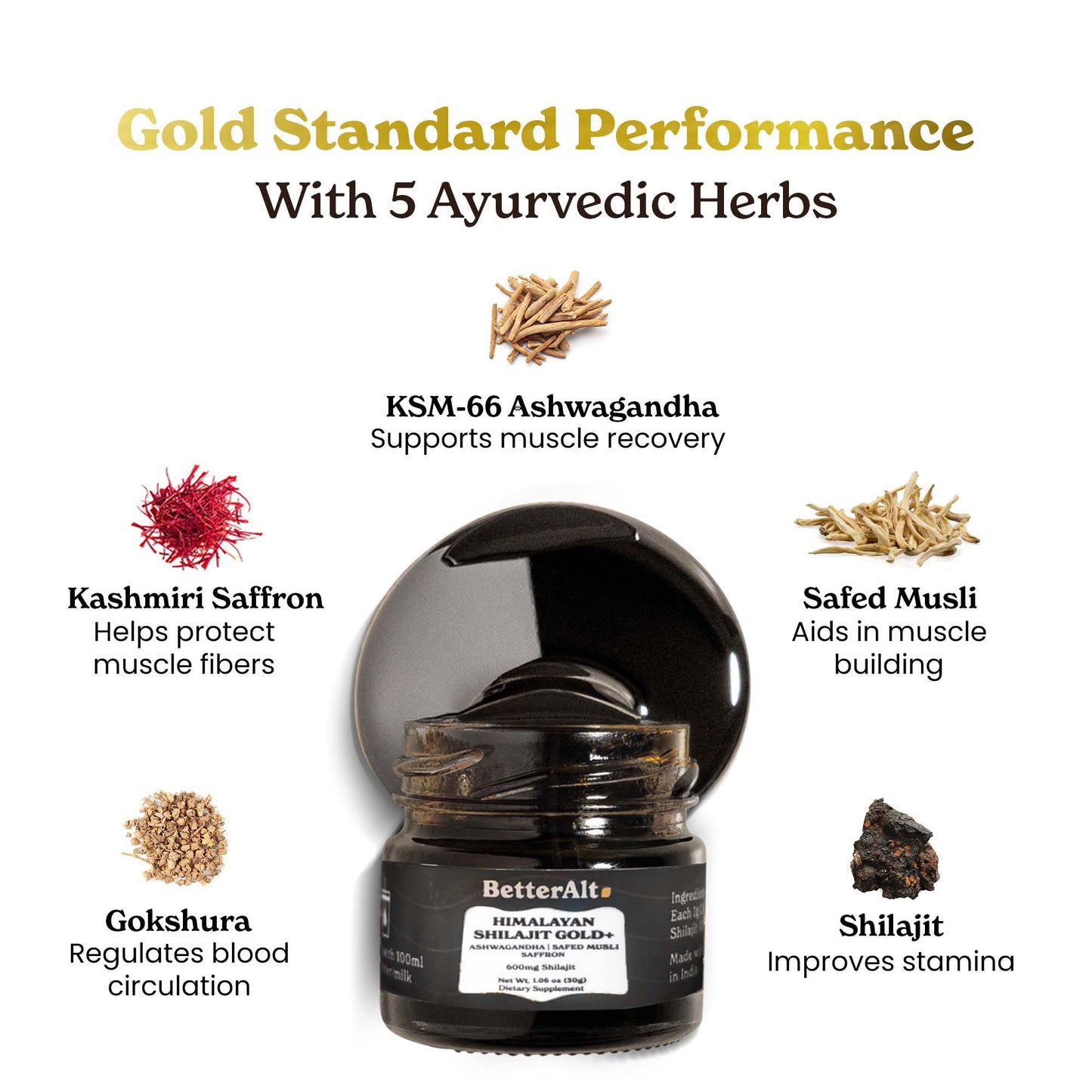 Better Alt Pure Himalayan Shilajit Gold 30g | 600mg Shilajit Blend | 16,000 ft Sourced | Ashwagandha, Safed Musli, Gokshura | Vegan & Lab Tested