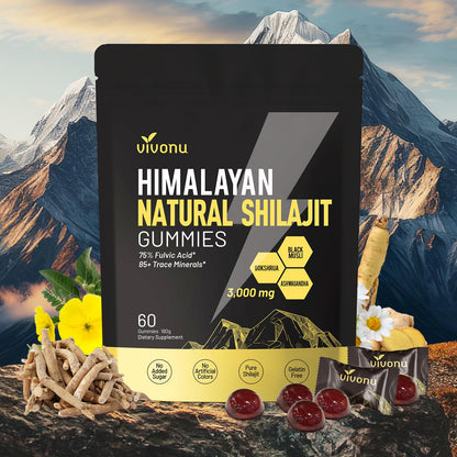 Himalayan Shilajit Gummies with Ashwagandha & Gokshura | 85+ Trace Minerals & Fulvic Acid | Organic, Non-GMO