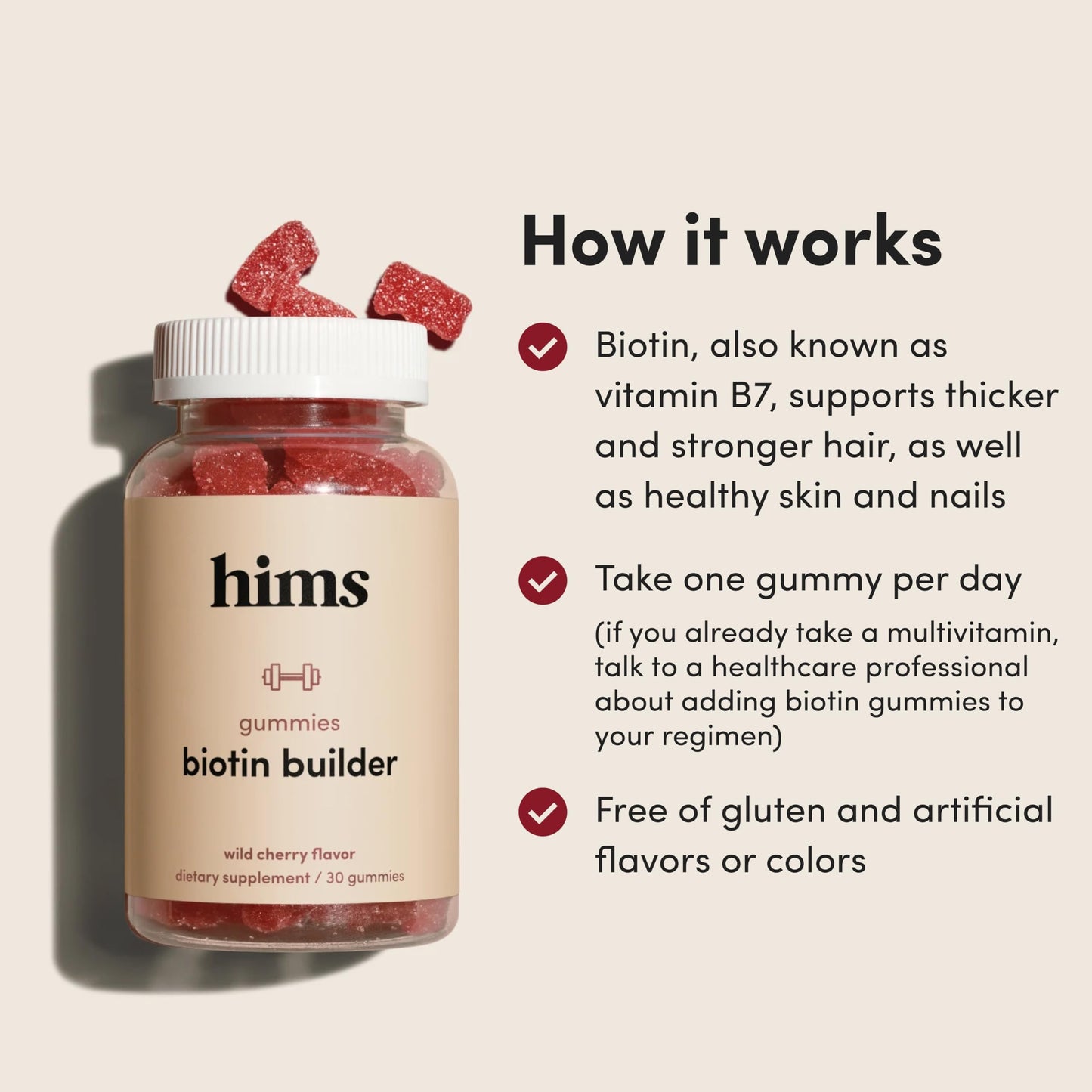 Hims & Hers Biotin Builder Gummies with B12, B6 & D – Gluten Free, Wild Cherry 60 Count