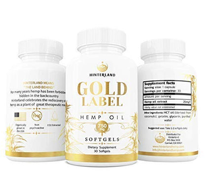 Hinterland Gold Label Hemp Oil Softgels 25mg - Organic USA Grown Hemp, 30 Count