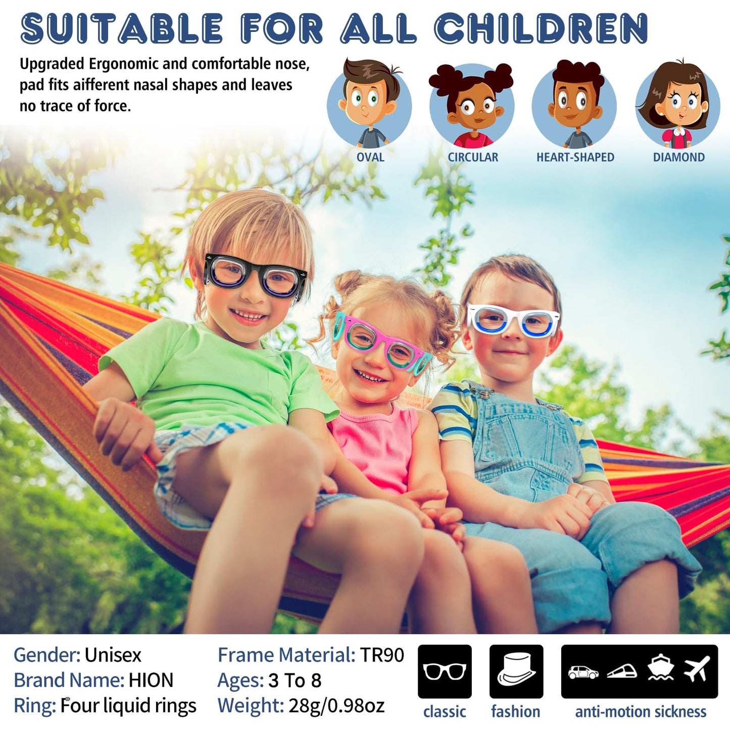Hion Kids Anti-Motion Sickness Smart Glasses (Ages 3–8) – Ultra-Light Pink Travel Glasses