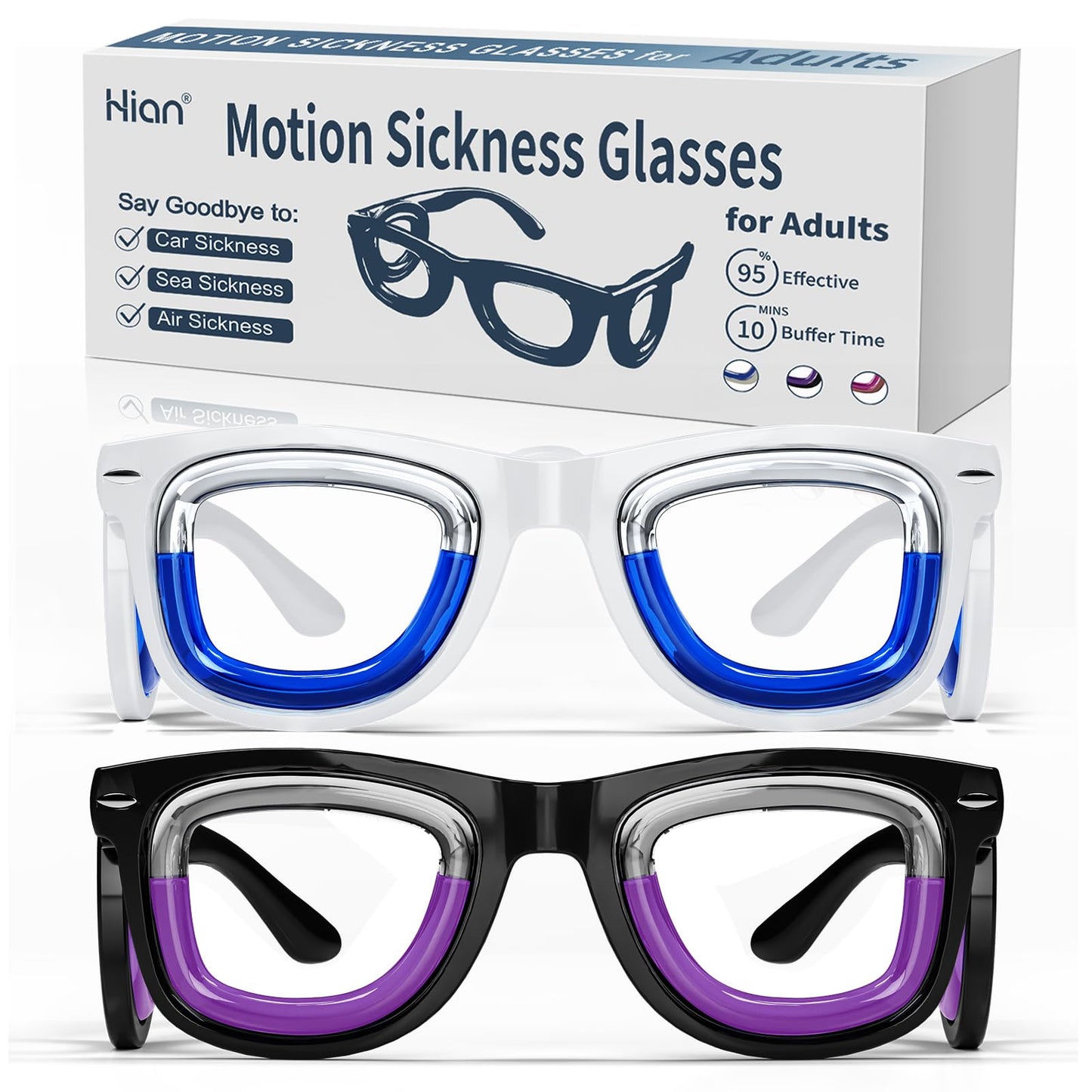 Hion 2 Pairs Adult Anti-Motion Sickness Smart Glasses – Ultra-Light Portable (White+Black)