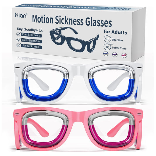 Hion 2 Pairs Adult Anti-Motion Sickness Smart Glasses — Ultra-Light, Travel-Ready Nausea Relief (White + Pink)