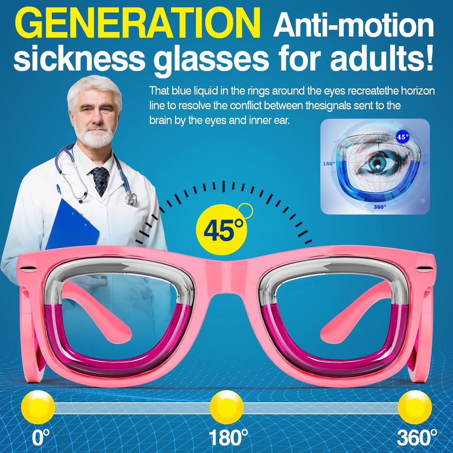 Hion 2 Pairs Adult Anti-Motion Sickness Smart Glasses - Ultra-Light Travel Relief (Pink/Black)