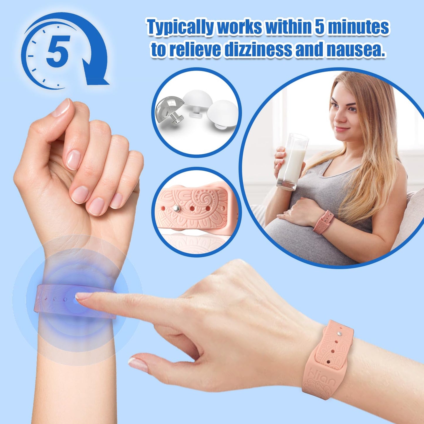 Hion Motion Sickness Wristbands – 2 Pairs (Pink & Beryl) Acupressure Nausea Bands