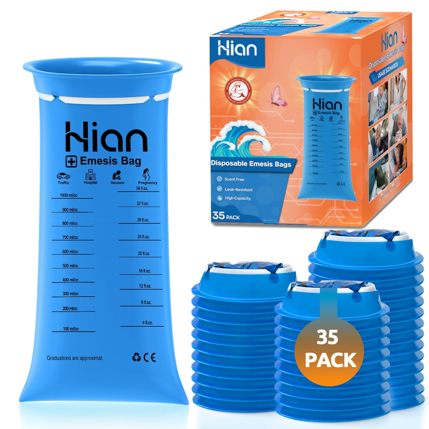 Hion Vomit Bags Disposable – 35 Pack 1000ml Emesis Bags | Leak-Resistant, Portable for Travel & Pregnancy