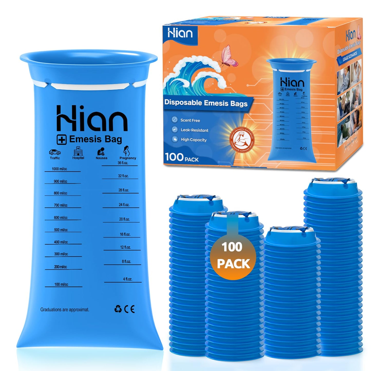 Hion Vomit Bags Disposable – 1000ml, 100 Pack | Leak-Resistant Medical-Grade Emesis Bags for Travel