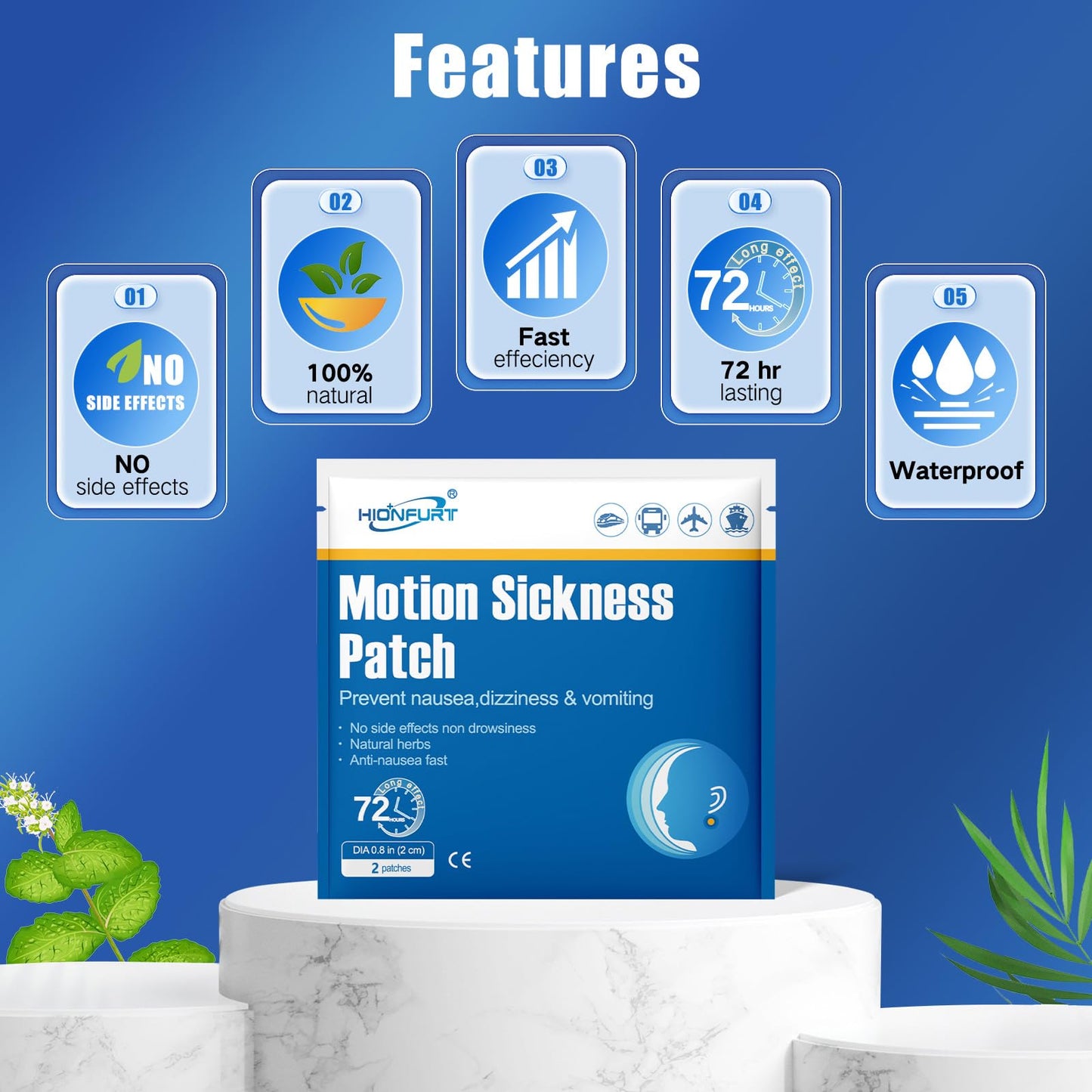Hionfurt 48ct Motion Sickness Patches – Non-Drowsy, 72-Hour Travel Relief