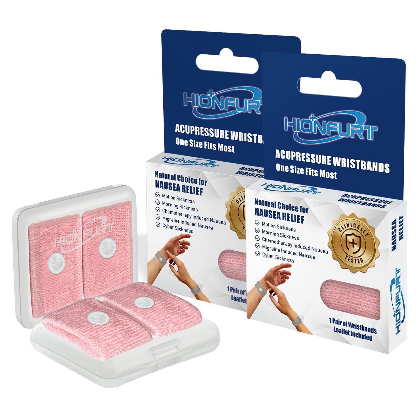 Hionfurt Motion Sickness Bands – Acupressure Nausea Relief Wristbands (Pink) – 2 Pairs