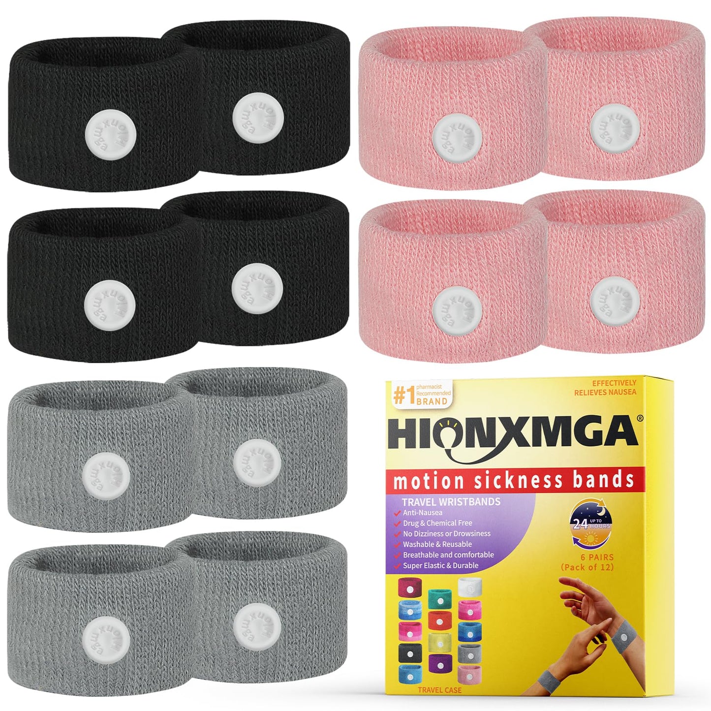 HIONXMGA 6 Pairs Motion Sickness Bands – Natural Nausea Relief for Travel (Adults & Kids) | Acupressure Wristbands