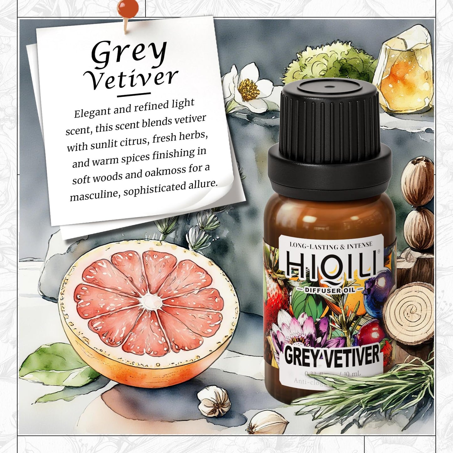 HIQILI Grey Vetiver Diffuser Oil – Fast Diffusion for Large Spaces, Pet-Safe, 0.34 Fl Oz