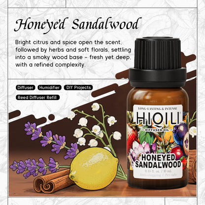 HIQILI Honeyed Sandalwood Diffuser Oil for Car Air Fresheners – Ultrasonic or Reed Diffuser, Relaxing & Cozy Hotel Scent 0.34 Fl Oz