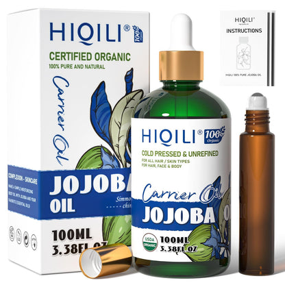 HIQILI Organic Jojoba Oil 100ml – Hair Growth, Cold-Pressed & Unrefined with Roller Bottle