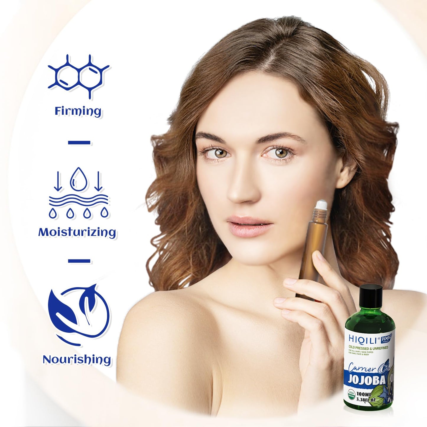 HIQILI Organic Jojoba Oil 100ml – Hair Growth, Cold-Pressed & Unrefined with Roller Bottle