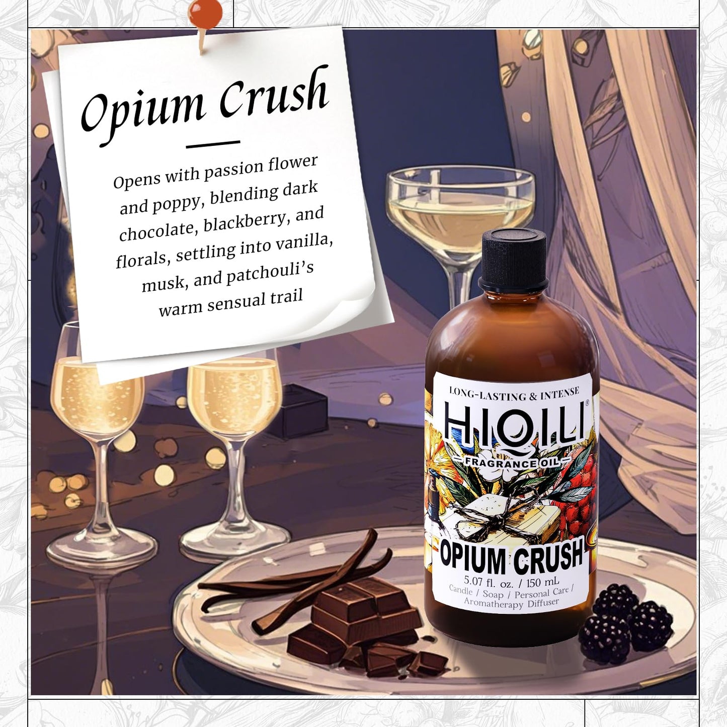 HIQILI Opium Crush Fragrance Oil – Vanilla & Chocolate Scent for Candles, Soaps, Diffusers | 5.07 Fl Oz