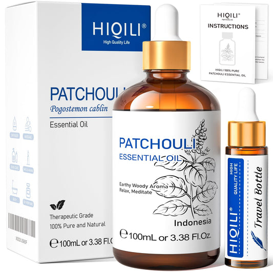 HIQILI Patchouli Essential Oil – 100ml, 100% Pure & Natural for DIY Perfume, Skincare & Diffuser