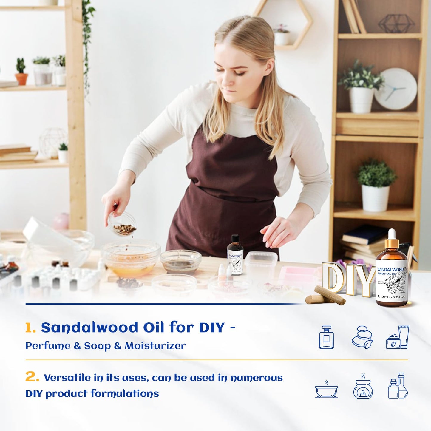 HIQILI Sandalwood Essential Oil – Long-Lasting Scent for Perfume, Diffuser, Soap Making & Candle (3.38 fl oz)