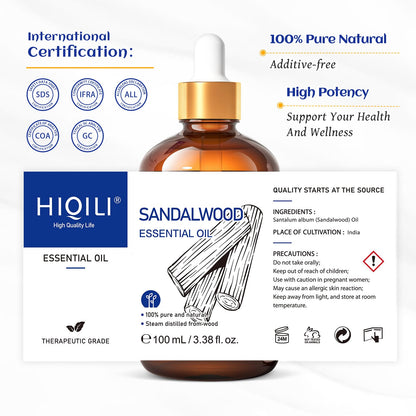 HIQILI Sandalwood Essential Oil – Long-Lasting Scent for Perfume, Diffuser, Soap Making & Candle (3.38 fl oz)