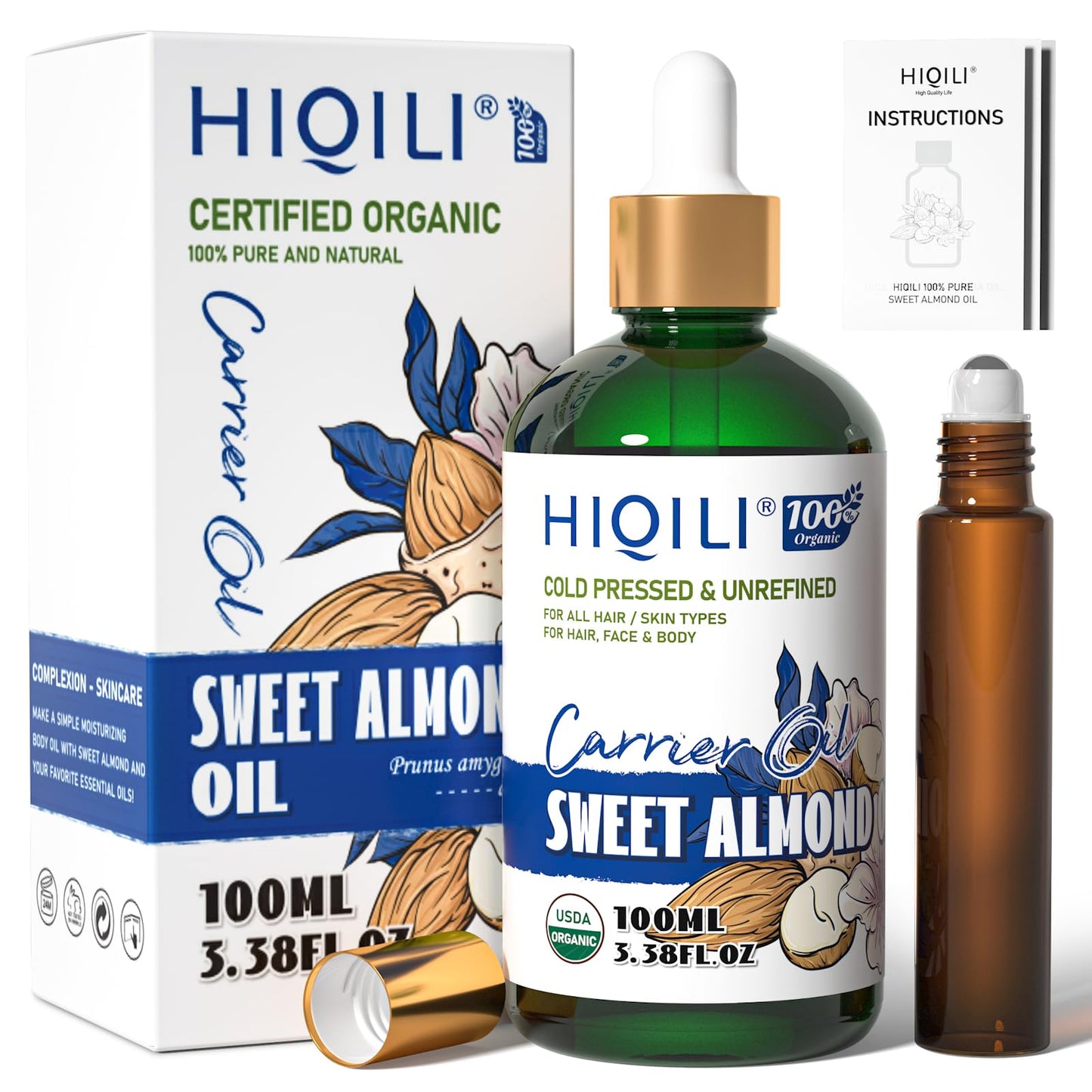 HIQILI Sweet Almond Oil – 100% Pure Organic Carrier Oil, Hexane Free, Unscented (3.38 Fl Oz)
