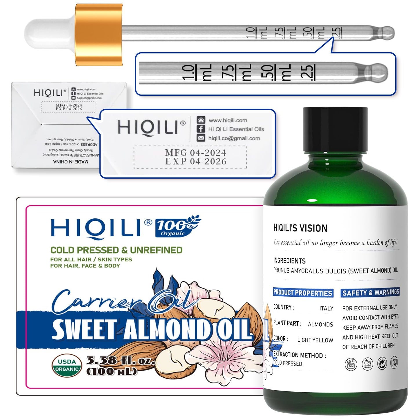 HIQILI Sweet Almond Oil – 100% Pure Organic Carrier Oil, Hexane Free, Unscented (3.38 Fl Oz)