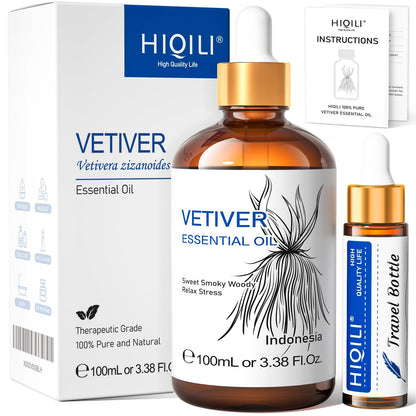 HIQILI Vetiver Essential Oil 100ml – 100% Pure, Natural, Calm & Diffuser (3.38 Fl Oz)