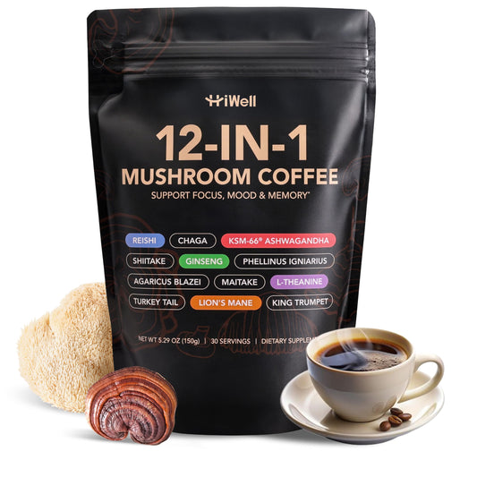 HiWell 12-in-1 Mushroom Coffee - Organic Ginseng, Lion's Mane, Low Caffeine