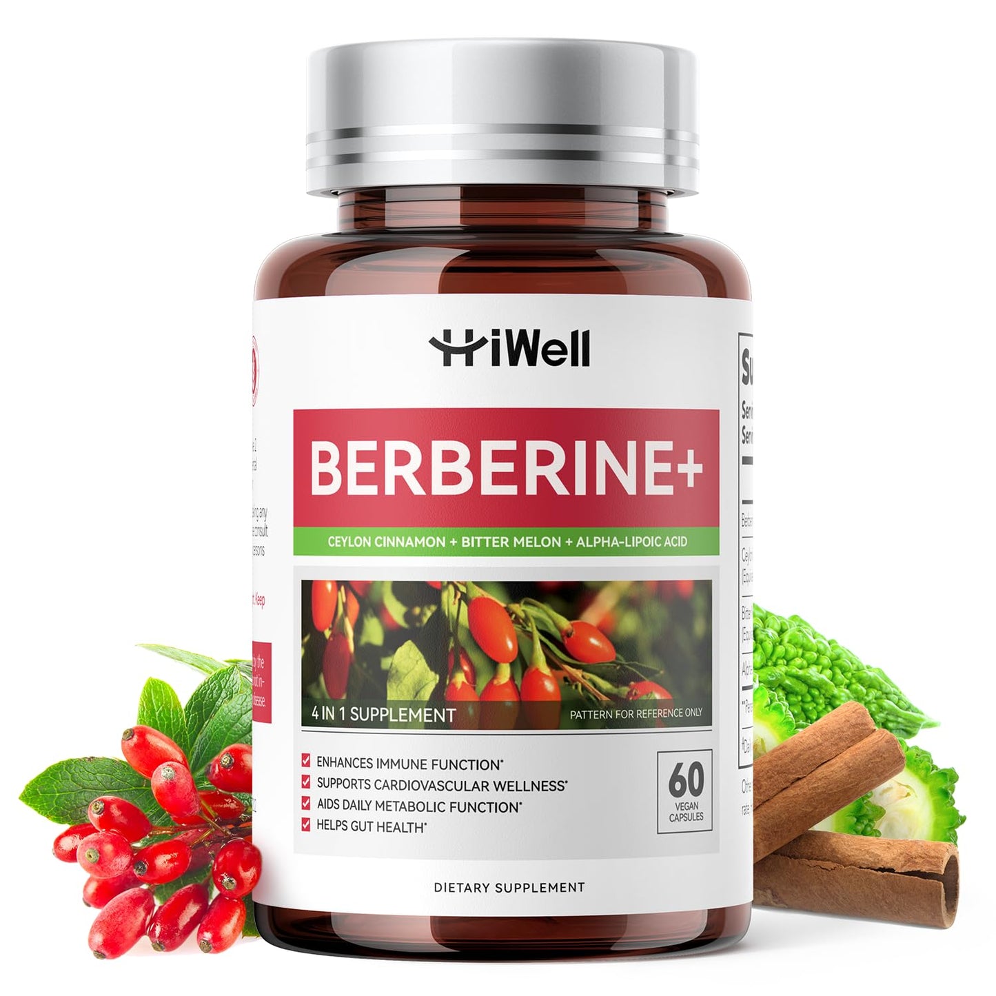 HiWell Berberine with Ceylon Cinnamon | Blood Sugar & Cholesterol Support | Gluten-Free, Non-GMO & Vegan | 60 Capsules