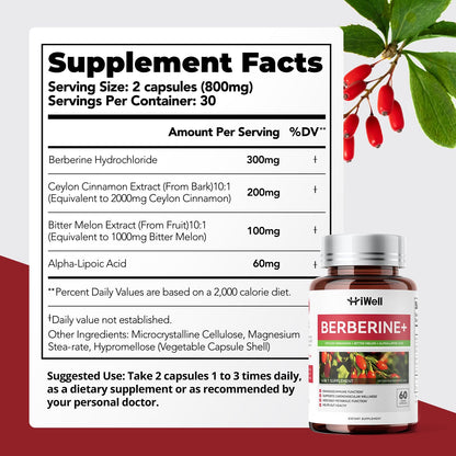 HiWell Berberine with Ceylon Cinnamon | Blood Sugar & Cholesterol Support | Gluten-Free, Non-GMO & Vegan | 60 Capsules