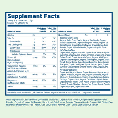 HIYA Kids Greens Powder Sticks - 55 Whole-Food Ingredients (Chocolate)
