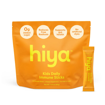Hiya Kids Immune Support – Vitamin C, Elderberry & Beta Glucans for Ages 2+ | Orange Flavor | 0g Sugar | 20 Sticks