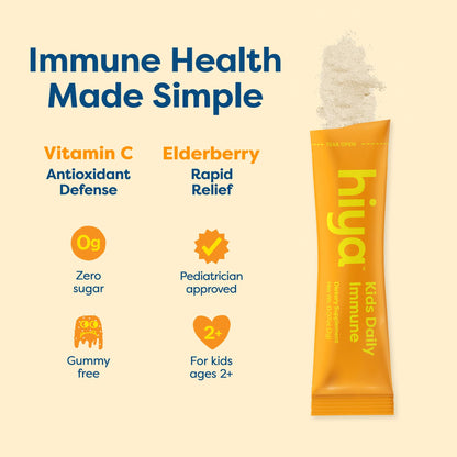 Hiya Kids Immune Support – Vitamin C, Elderberry & Beta Glucans for Ages 2+ | Orange Flavor | 0g Sugar | 20 Sticks