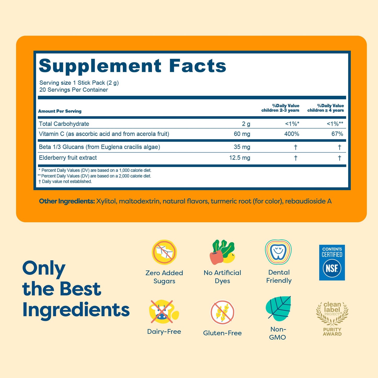 Hiya Kids Immune Support – Vitamin C, Elderberry & Beta Glucans for Ages 2+ | Orange Flavor | 0g Sugar | 20 Sticks