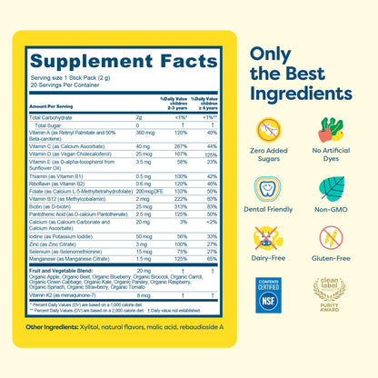 Hiya Kids Multivitamin – 15+ Vitamins for Ages 2+ | 0g Sugar | 20 Sticks