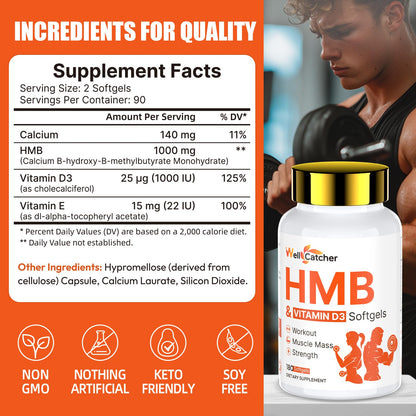 HMB 1000MG with D3 Capsules – Supports Muscle Growth & Recovery (180 Count)