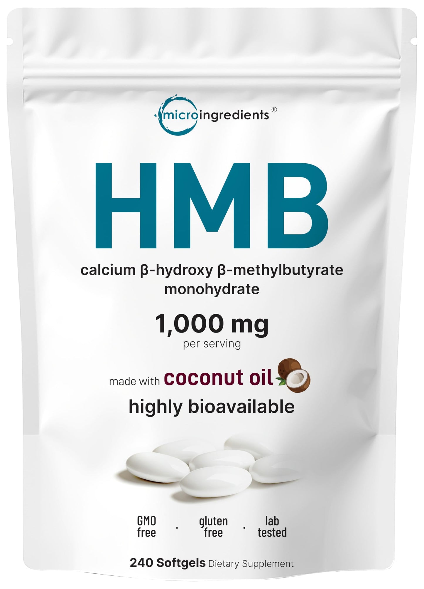 HMB 1,000mg | 240 Softgels with Coconut Oil | Highly Bioavailable | HMB Supplements for Men & Women