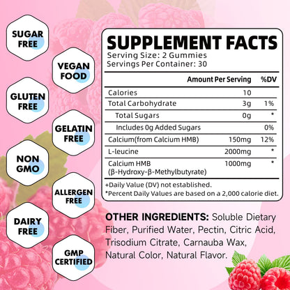 2 Pack HMB & L-Leucine Gummies 3000mg – Muscle Growth & Recovery, Sugar-Free Raspberry, 120 Count