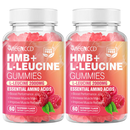 2 Pack HMB + L-Leucine Gummies – 3000mg for Muscle Growth & Recovery, Sugar-Free Raspberry, 120 Count