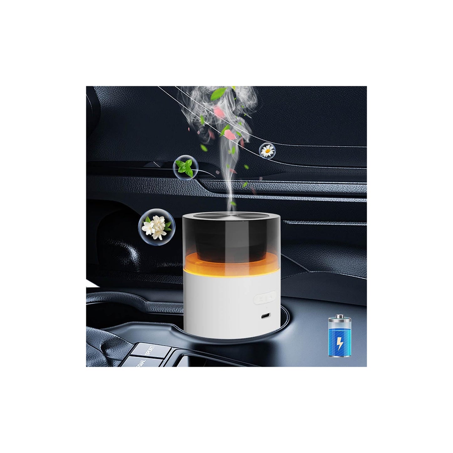 HODEMI Car Diffuser with Auto Start-Stop | Portable Humidifier with Memory & 8-Color Ambient Lights (White)