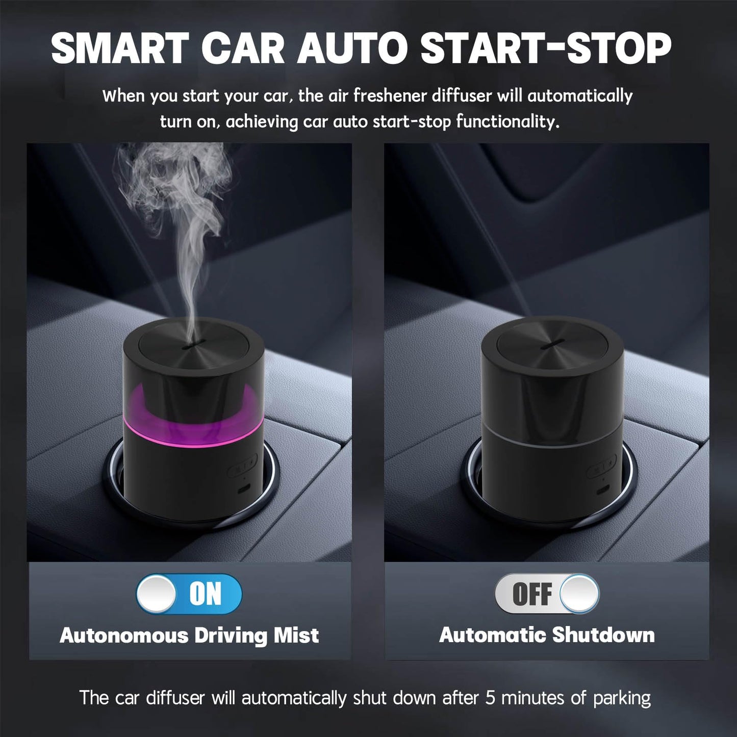 HODEMI Car Diffuser – Auto Start-Stop, Portable Humidifier with 8-Color Ambient Light (Black)