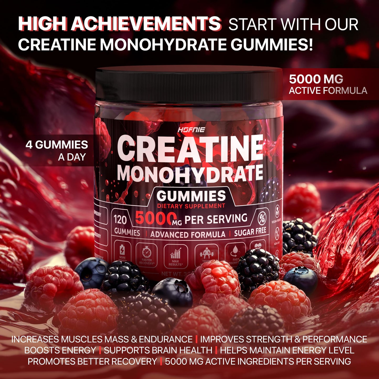 Hofnie Creatine Monohydrate Gummies 5000 mg – Vegan, Sugar-FREE Pre-Workout – Raspberry & Blackberry, 120 Gummies