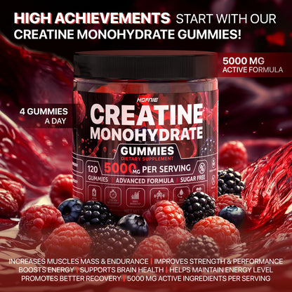 Hofnie Creatine Monohydrate Gummies 5000 mg – Vegan, Sugar-FREE Pre-Workout – Raspberry & Blackberry, 120 Gummies