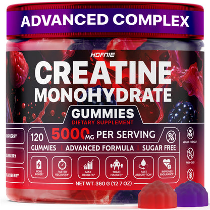 Hofnie Creatine Monohydrate Gummies 5000 mg – Vegan, Sugar-FREE Pre-Workout – Raspberry & Blackberry, 120 Gummies