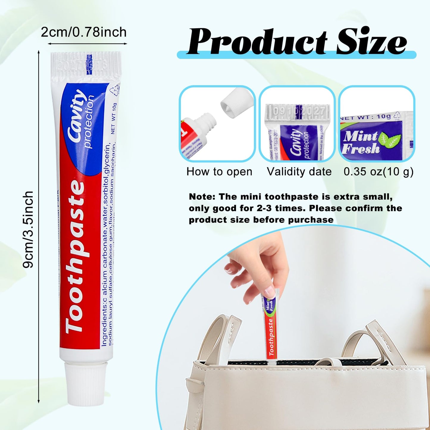 HOIQIRY 100 Tubes Extra Small Travel Toothpaste – Mint, 0.35 oz/10 g Bulk Singles for Hotels & Travel