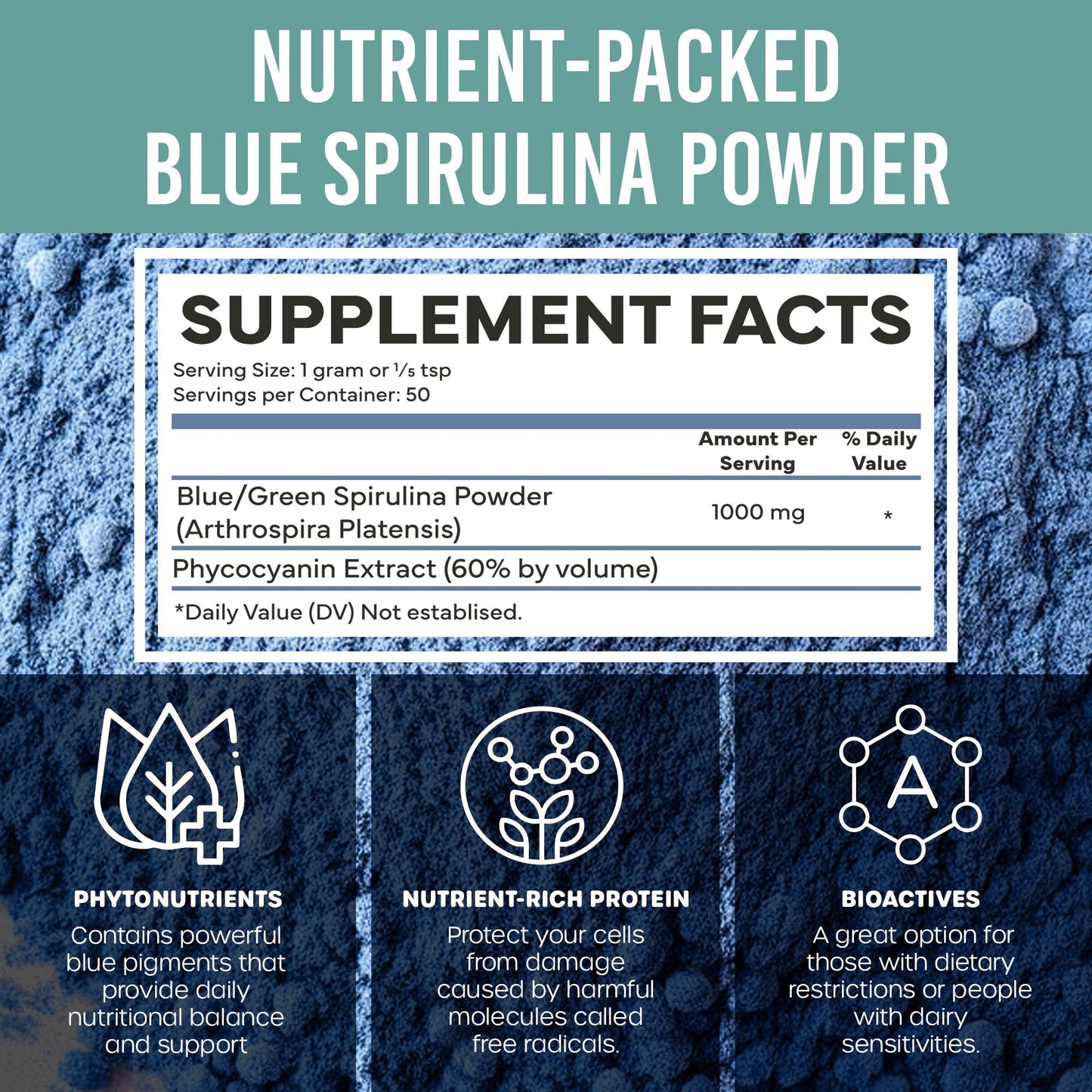 HOLISTIC BIN Blue Spirulina Powder - Organic Blue-Green Algae Supplement, 50g, Vegan Protein & Nutrients