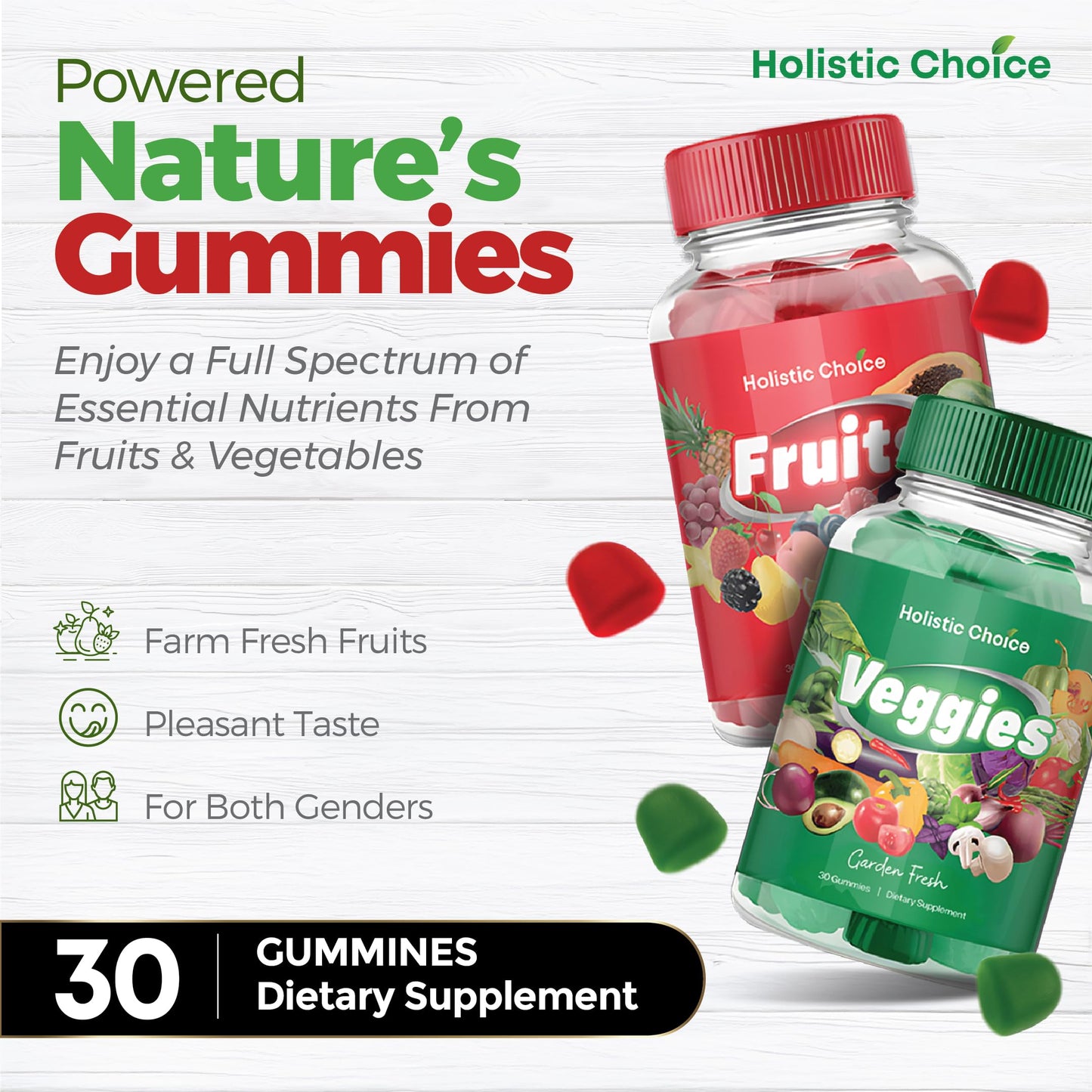 Holistic Choice Fruits & Veggies Gummies - Dual Pack Vitamin Gummies for Adults & Kids | Made in USA